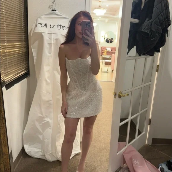 White Pearl Beaded Wedding Mini Dress - Picture 7 of 8